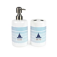 Sailing Boats Bathroom Set - Refillable Ceramic Soap Dispenser & Toothbrush Holder