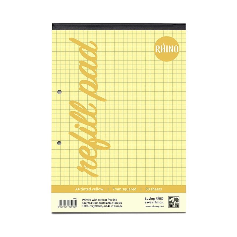 image 1 of Pack of 6 Rhino A4 Yellow Paper 100 Page 7mm Squared Refill Pads
