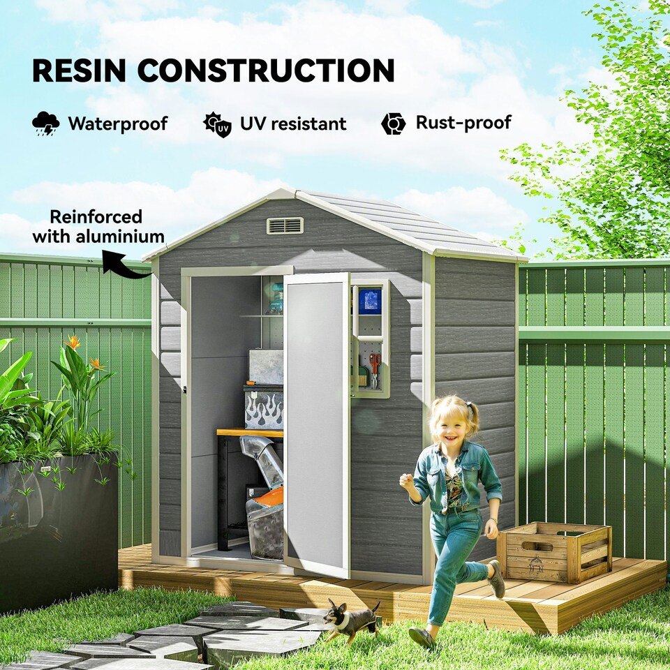 image 1 of Outsunny 6 x 4ft Resin Garden Shed with Floor and Window, Grey