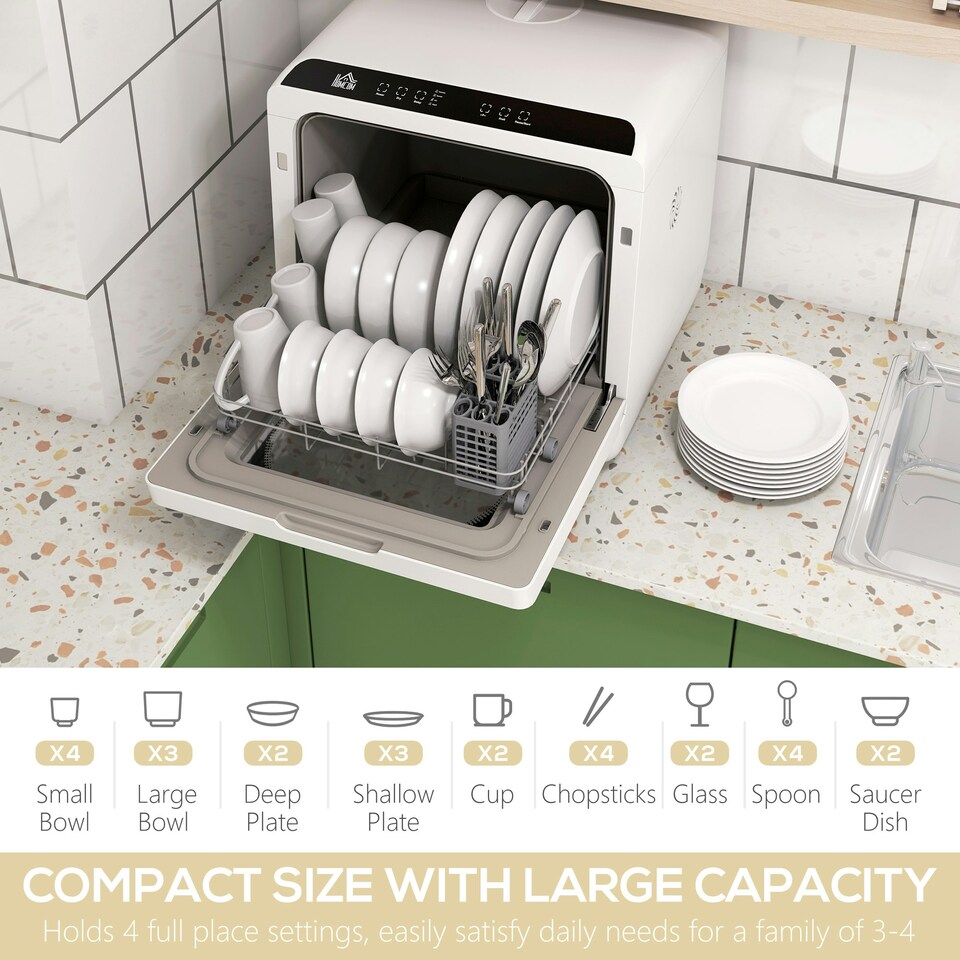 image 1 of HOMCOM Worktop Dishwasher w/ 4 Place Settings 6 Programs, Silver Tone
