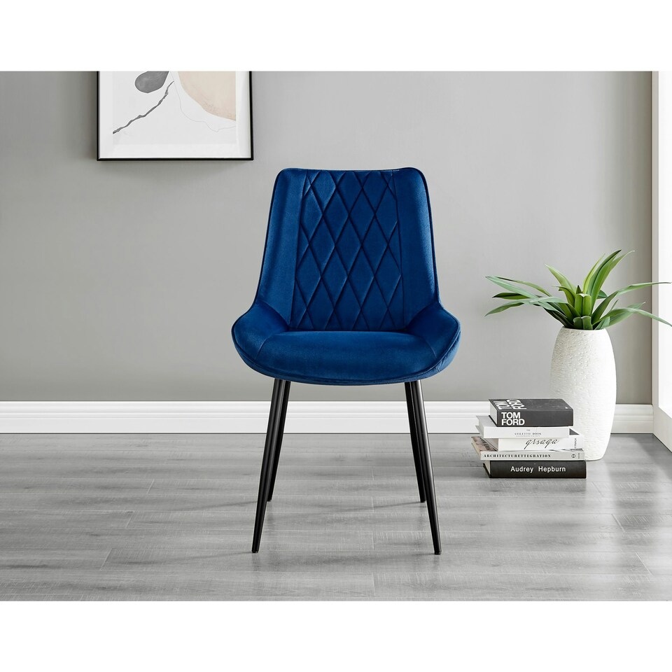 image 1 of Furniturebox Carson White Marble Effect Square Dining Table & 2 Navy Pesaro Black Leg Chairs