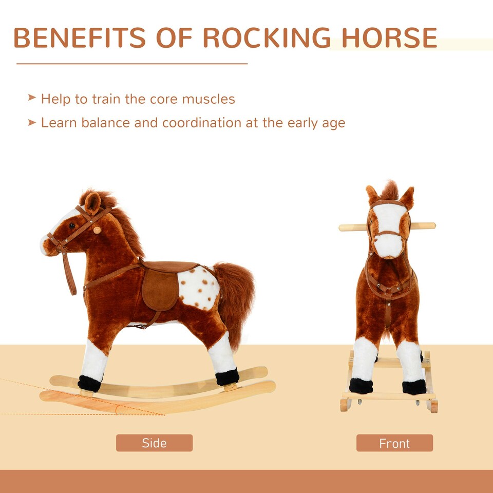 image 1 of HOMCOM Rocking Horse Toy Plush Wood Pony Riding Rocker Neigh Sound Brown