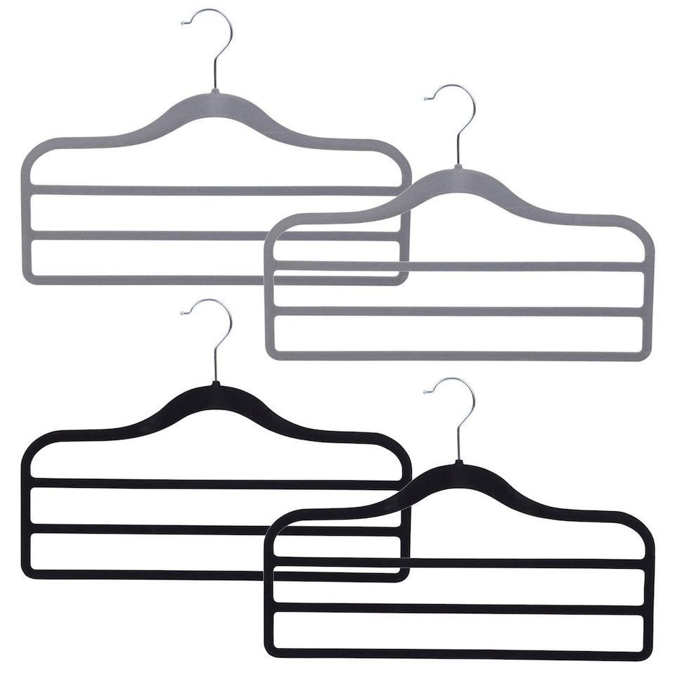 image 1 of Black & Grey Velvet Non-Slip 3-Bar Trouser Hangers | Multi | 4