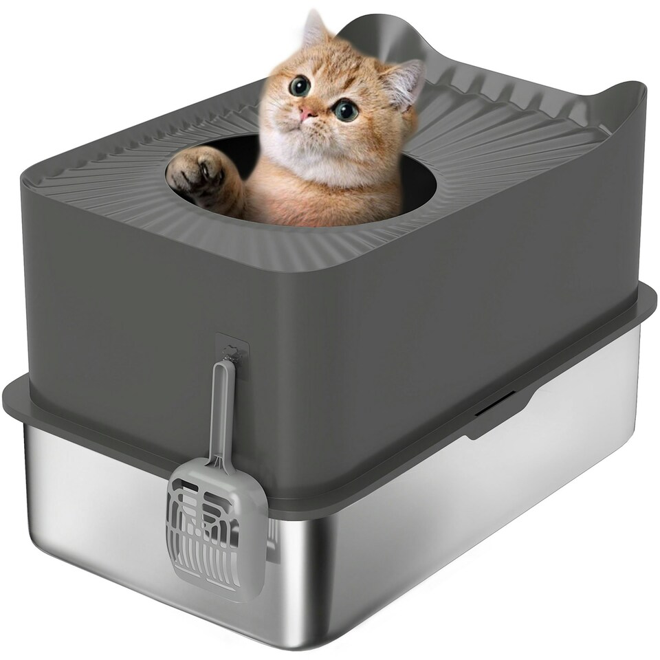 image 1 of PawHut Stainless Steel Cat Litter Box, Enclosed Metal Litter Tray, Dark Grey Grey | One Size