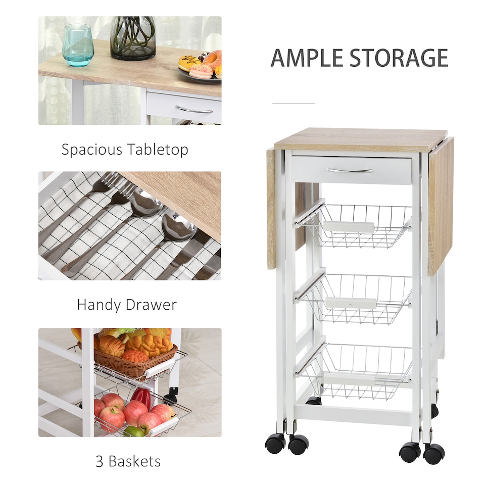 image 1 of HOMCOM Drop-Leaf Kitchen Cart Trolley w 3 Baskets Drawer Surface Top 6 Universal Wheels Rolling Storage Unit Kitchen Home Dining Island White Oak Tone