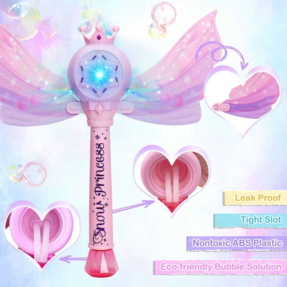 image 1 of Princess Bubble Wand for Kids - Musical Light Up Bubble Machine with Detachable Wings - Indoor Outdoor Birthday Gift