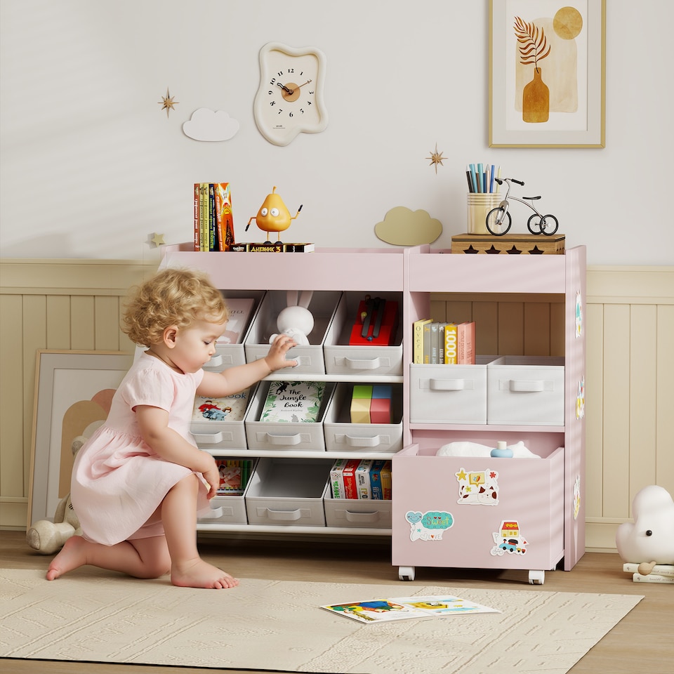 image 1 of AIYAPLAY Kids Toy Storage Unit, Children Toy Box Organiser with 11 Fabric Bins, Cabinet, Top Shelves, 3 Stickers, Kids Storage Unit Bookshelf for Nursery, Playroom, Kindergarten | Pink