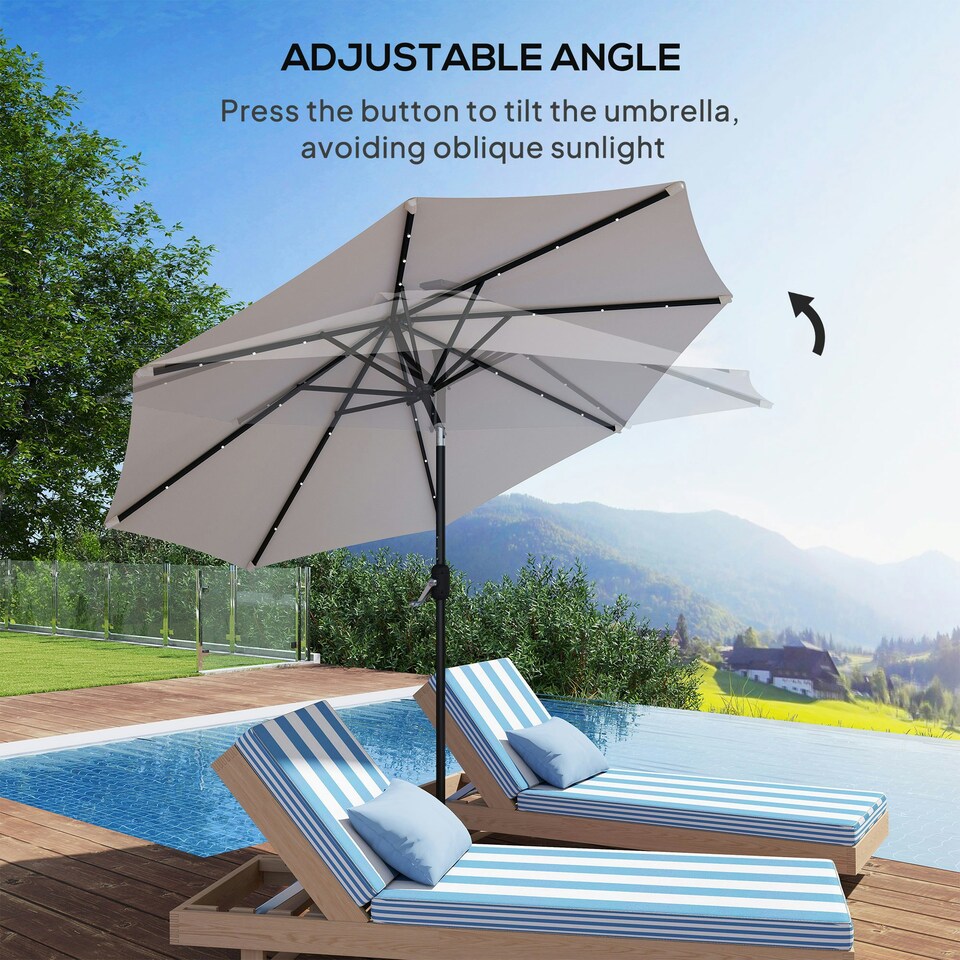 image 1 of Outsunny Garden Parasol Outdoor Tilt Sun Umbrella LED Light Hand Crank Off-white