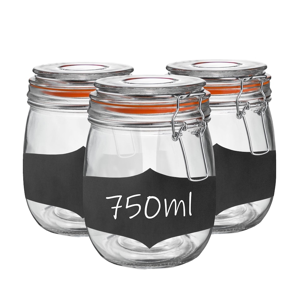 image 1 of Argon Tableware 3x Glass Storage Jar & Labels Set - 750ml 4 Colour Seals Airtight Kitchen Storage Container Preserving Jar