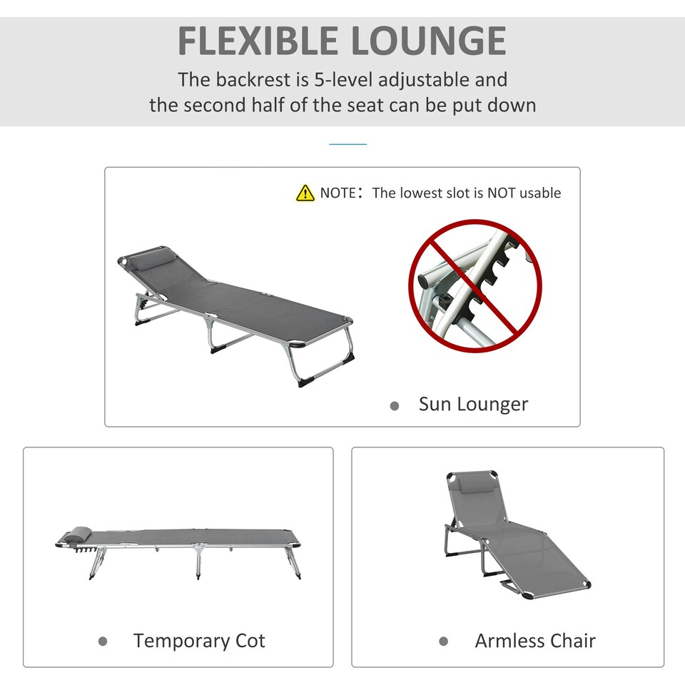 image 1 of Outsunny Folding Outdoor Reclining Sun Lounger Chair Aluminium Frame Dark Grey