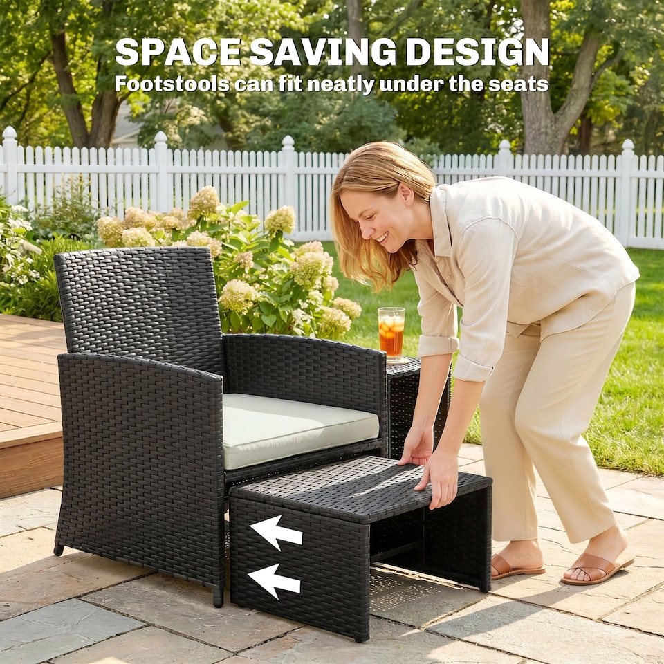 image 1 of Outsunny 6 Piece Rattan Garden Furniture Set with Nesting Tables, Black | Black | Black with cream white cushions | Not provided