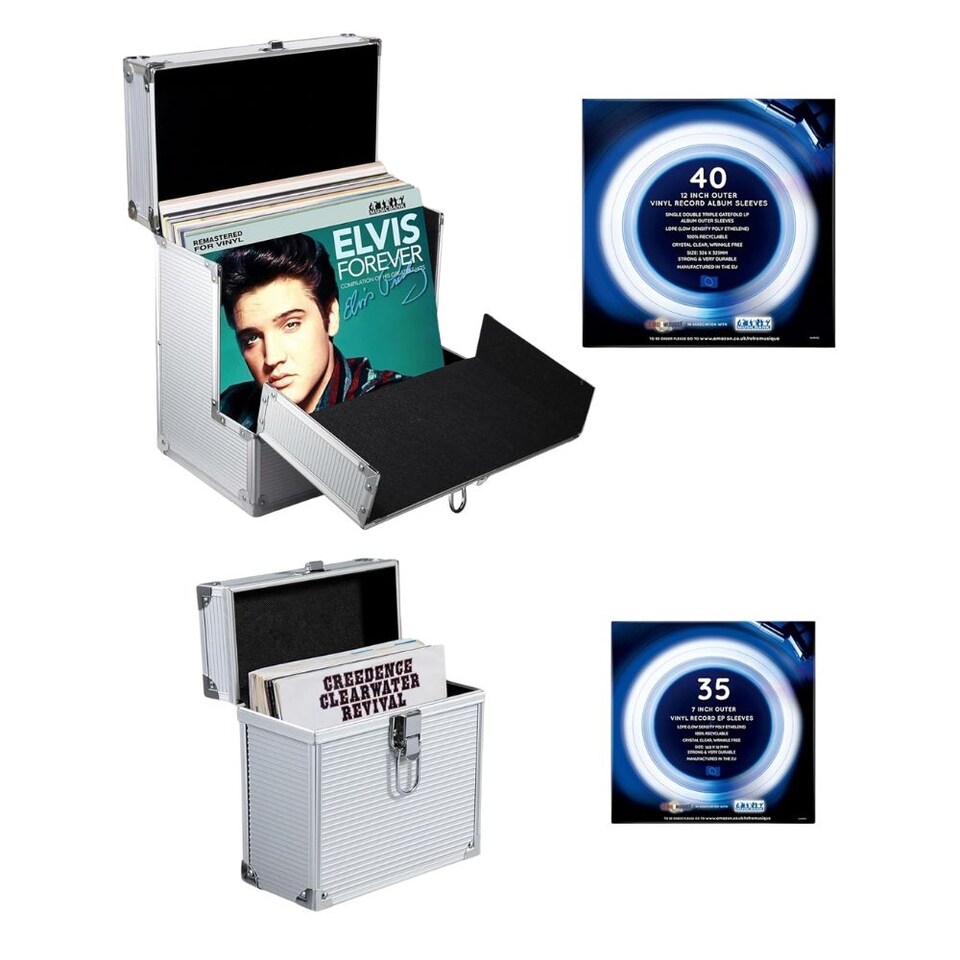 12 & 7 inch Aluminium LP & EP Vinyl Cases,Silver, with 40 & 35 PP sleeves