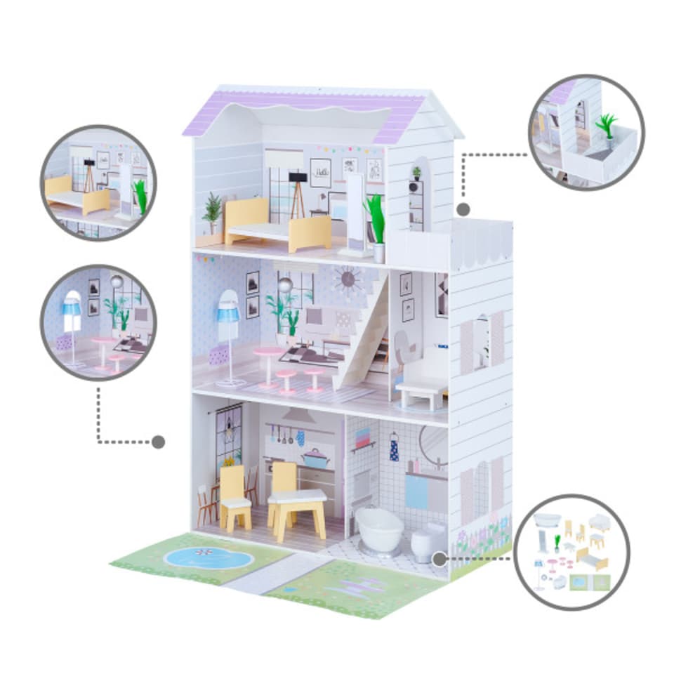 image 1 of Teamson Kids Wooden Grand 3 Storey Doll House for 12" Dolls, Dollhouse
