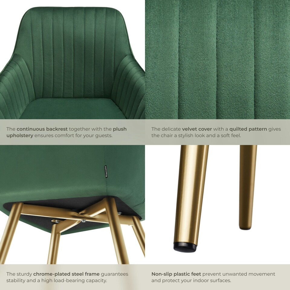 image 1 of Dining Chair Marilyn - quilted velvet, continuous backrest, gold steel legs - per piece Green | Dark Green/Gold
