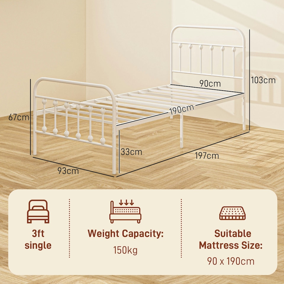image 1 of HOMCOM 3ft Metal Single Platform Bed Frame w/ Underbed Storage Headboard White