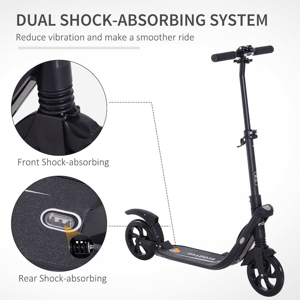 image 1 of HOMCOM Folding Kick Scooter Hight-Adjustable Urban Scooter with Rear Brake, Double Shock Absorption System & 2 Big Wheels, For 14 older Teens Adult, Black