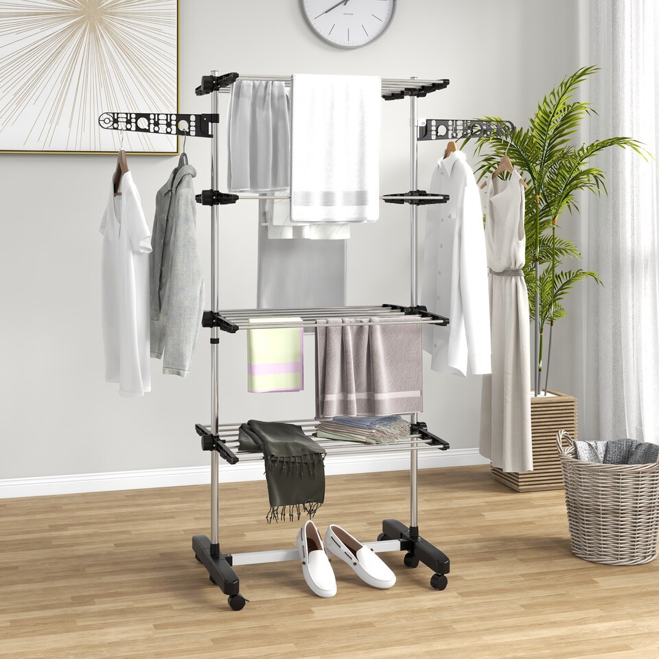 image 1 of HOMCOM 4-Tier Clothes Airer, Stainless Steel Foldable Clothes Drying Rack with Wheels and Wings, Indoor and Outdoor, Easy Assembly, 142 x 55 x 172cm, Black