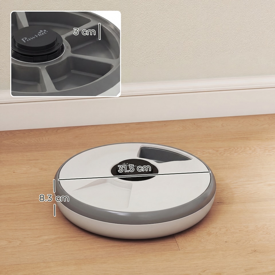 image 1 of PawHut Automatic Cat Feeder Programmable Timer for 6 Meals | Grey | Grey and White | 31.5 x 31.5 x 8.3 cm