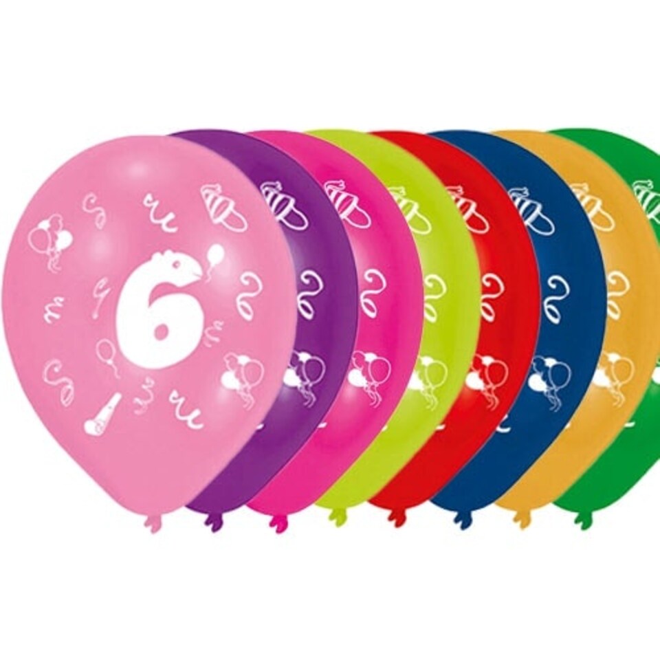 Age 6 Two-Sided Print Assorted Latex Balloons 25cm / 10 in - Pack of 8