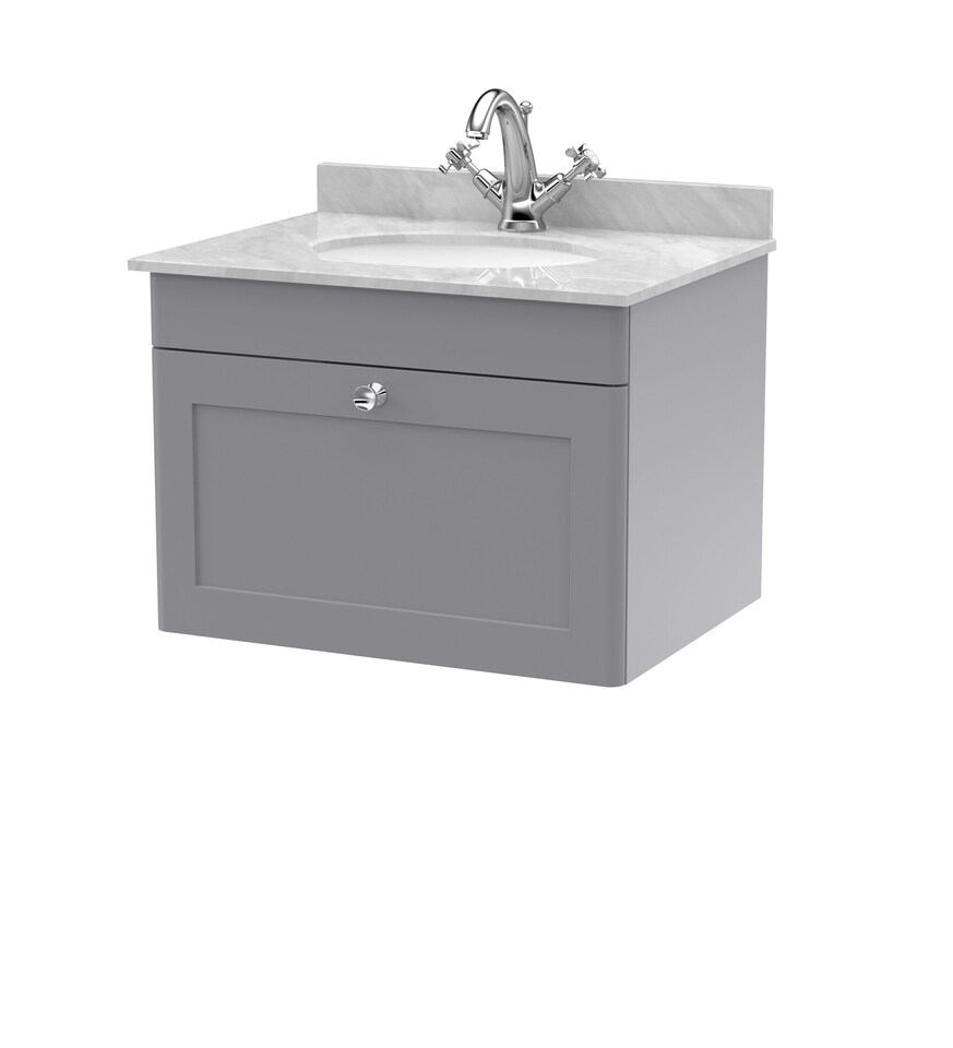 image 1 of Balterley Swynnerton Traditional 1 Drawer Wall Hung Vanity Unit with Marble Basin, Satin Grey, 600mm