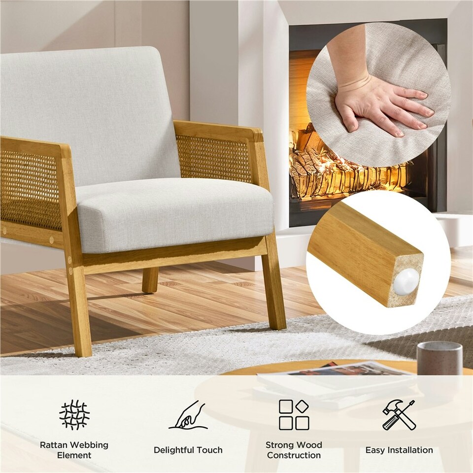 image 1 of Yaheetech Fabric Accent Chair with Rattan Sides Rubberwood Legs | White | Beige