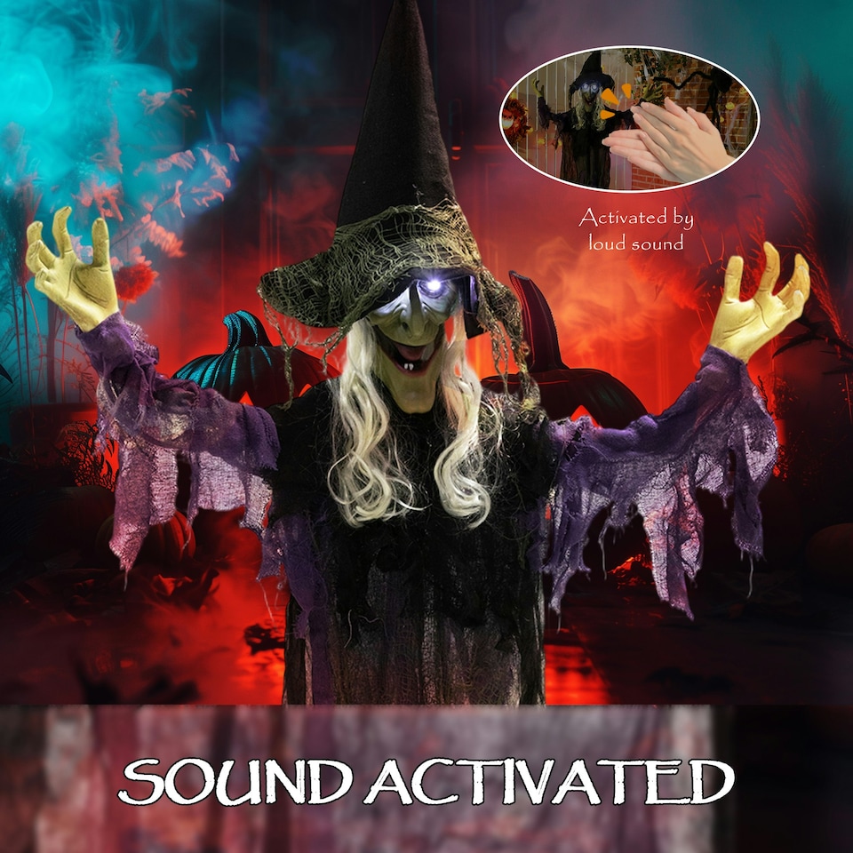 image 1 of Outsunny Voice Activated Halloween Animatronics Hanging Witch, Purple