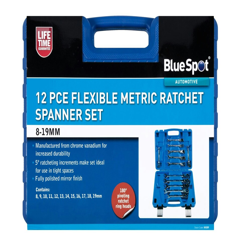 image 1 of Blue Spot Tools - 12PCE Flexible Metric Ratchet Spanner Set (8-19mm)(With Case)