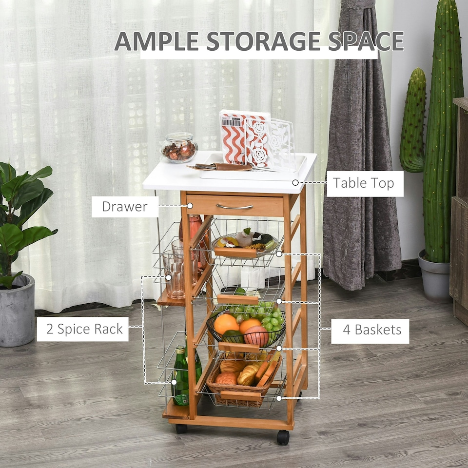 image 1 of HOMCOM Multi-Use Kitchen Trolley w/ Baskets, Drawer, Worktop, Brown