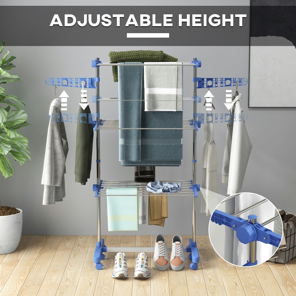 image 1 of HOMCOM 3-Tier Large Clothes Airer Stainless Steel Clothes Drying Rack Blue