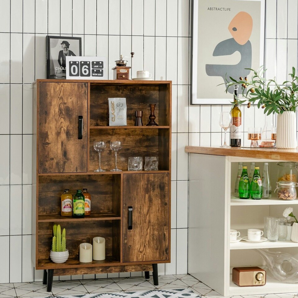 image 1 of COSTWAY Freestanding Wooden Sideboard Storage Cabinet with 2 Doors Brown