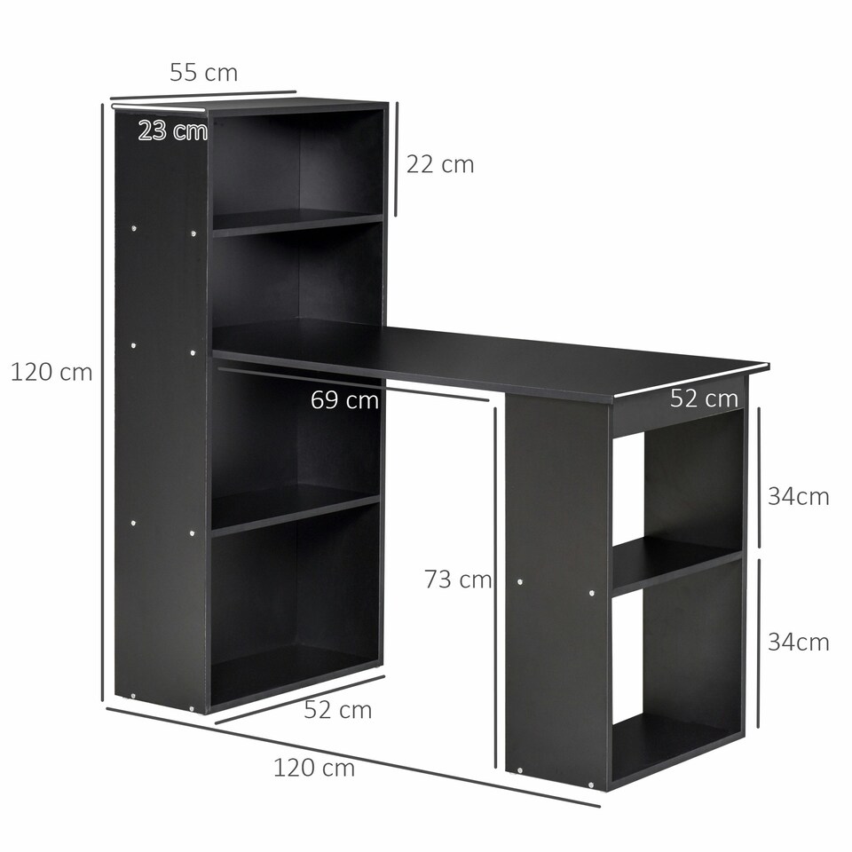 image 1 of HOMCOM 120cm Computer Desk Bookshelf Writing Table 6 Shelves Black