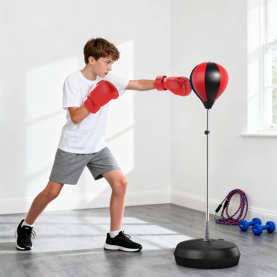 image 1 of HOMCOM Punching Bag with Stand, 126144 cm Height Adjustable Boxing Set Free Standing Speed Bag with Gloves and Air Pump for Teenagers Home Gym Workout