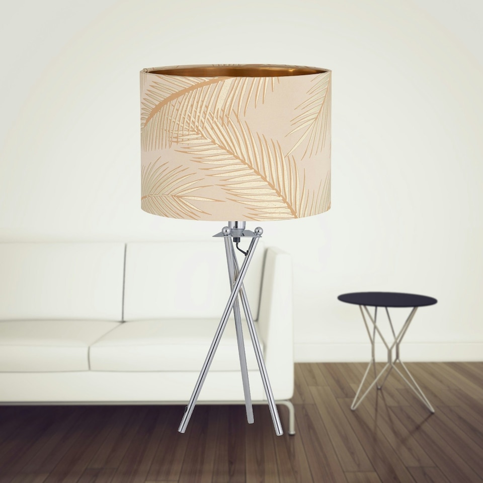 image 1 of First Choice Lighting Set of 2 Tropica Chrome Tripod Table Lamps with Champagne and Gold Leaf Embossed Shade Chrome | Gold
