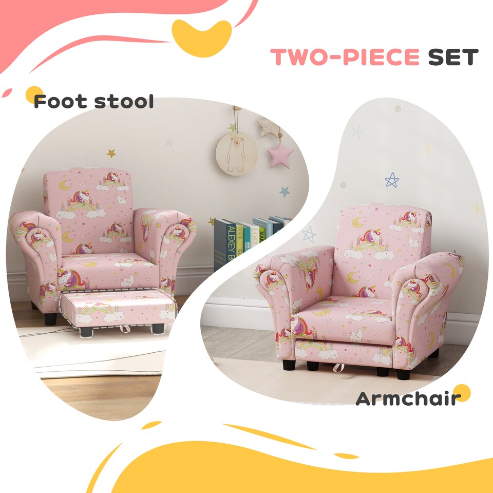 image 1 of AIYAPLAY Kids Sofa Set Toddler Armchair with Footrest, Children Chair, Pink