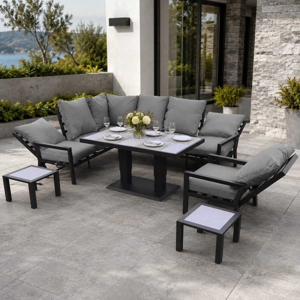 image 1 of Monte Carlo 7 Seater Aluminium Reclining Corner Garden Sofa Set with Gas Lift Table, Armchair & Grey Cushions