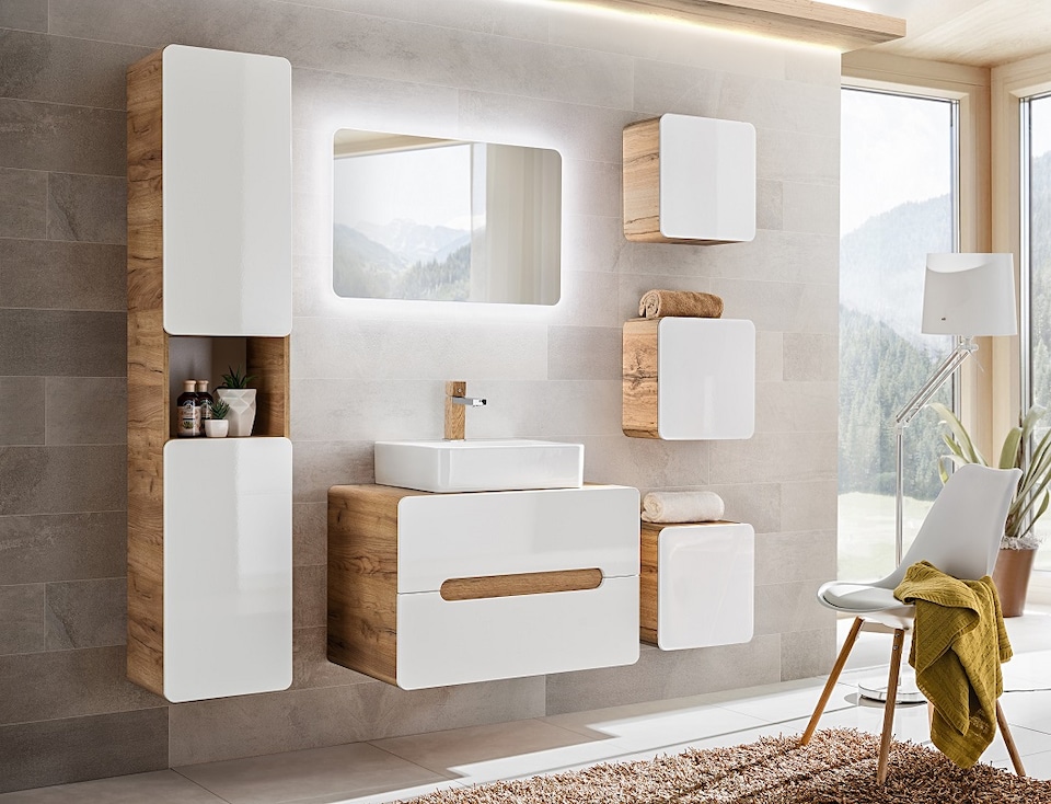 image 1 of Small Bathroom Cabinet Wall Mounted Cube Unit Set of 3 Floating Storage Shelf Boxes Designer White Gloss Oak Handleless Arub