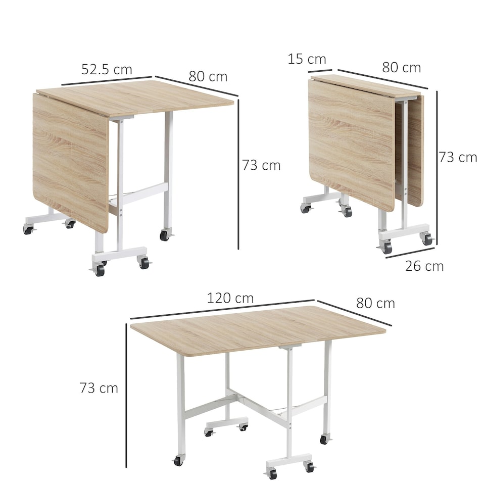image 1 of HOMCOM Drop Leaf Table with 6 Wheels Folding Dining Table, Oak