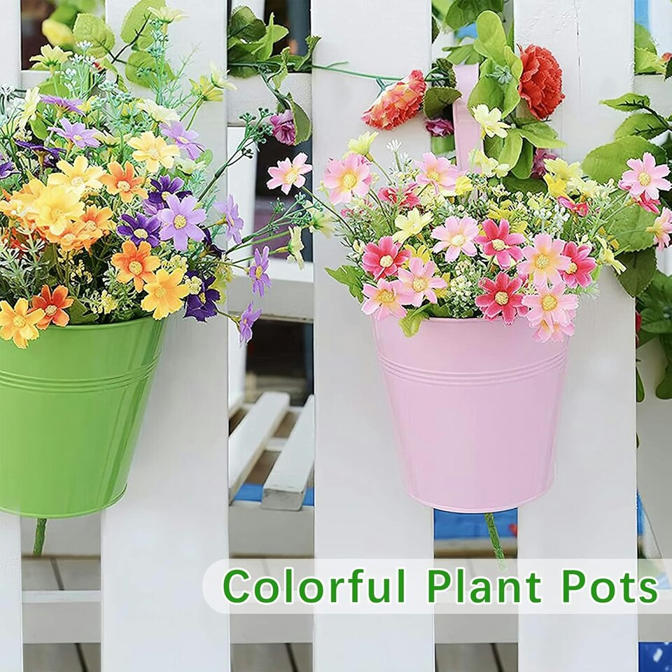 image 1 of Large Metal Flower Pot Vase Bucket Hanging Garden Planter without Drainage Hole, Balcony Home Decor, Detachable Hook Multi