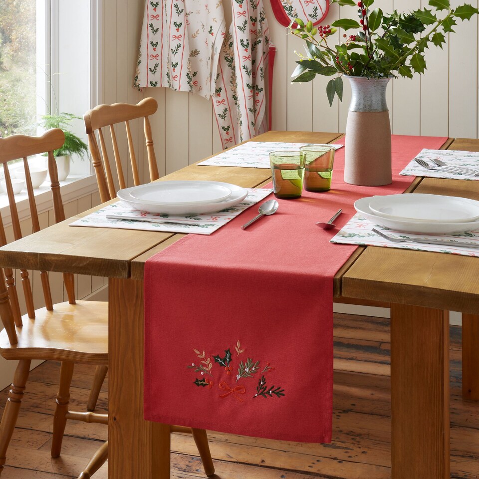image 1 of Catherine Lansfield Christmas Holly Stripe Cotton Dining Table Runner