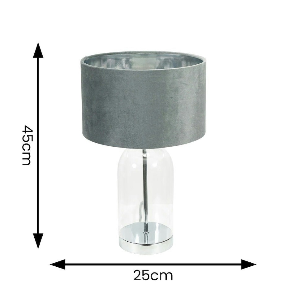 image 1 of ValueLights Jessy Glass with Silver Table Lamp with Grey Velvet with Chrome Inner Lamp Shade and LED Bulb