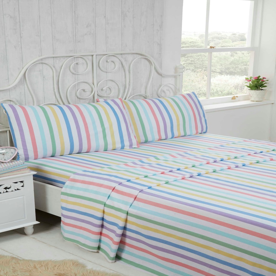image 1 of Candy Stripe Pure Cotton Duvet Cover Sheet Set Multi | Single