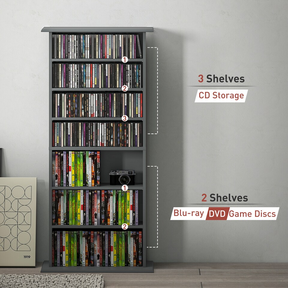 image 1 of HOMCOM CD Storage Unit DVD Tower Blu-ray Storage Shelf for Living Room Grey | Grey