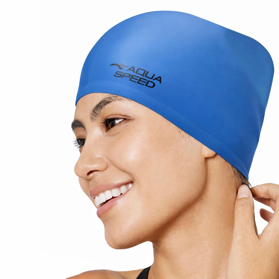 image 1 of Ladies Long Hair Swimming Cap | Extra Space Soft Silicone Comfy Fit Swim Cap | Blue | Blue | One Size | 1