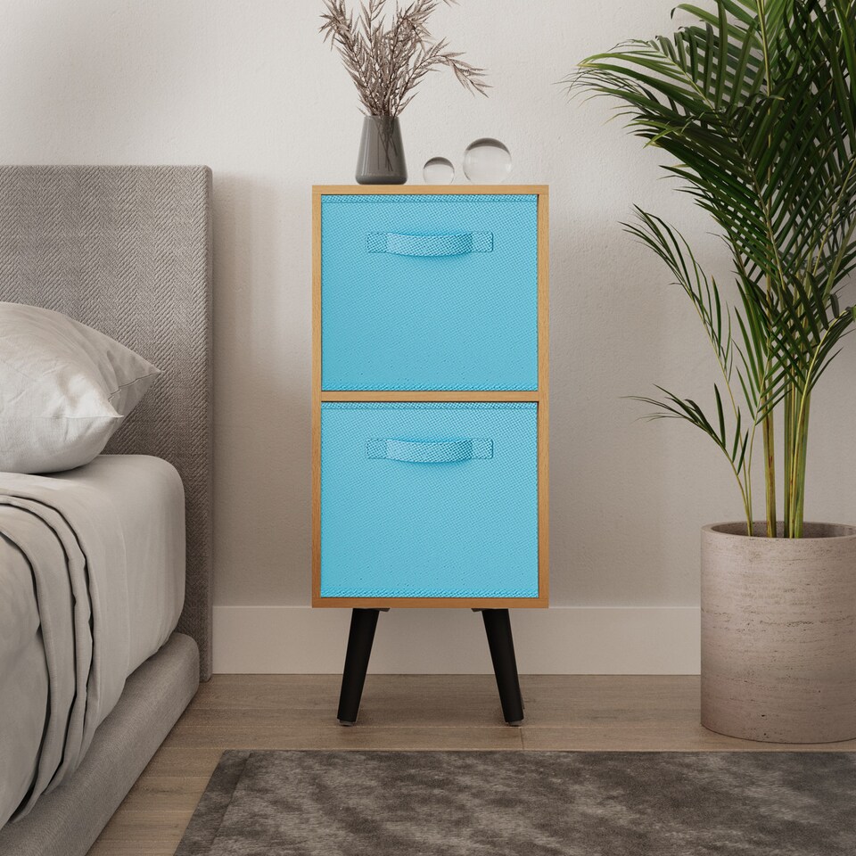 image 1 of Beech 2-Tier 2-Drawer Cube Shelving Unit with Scandinavian Legs | Blue | Sky Blue & Black | 1