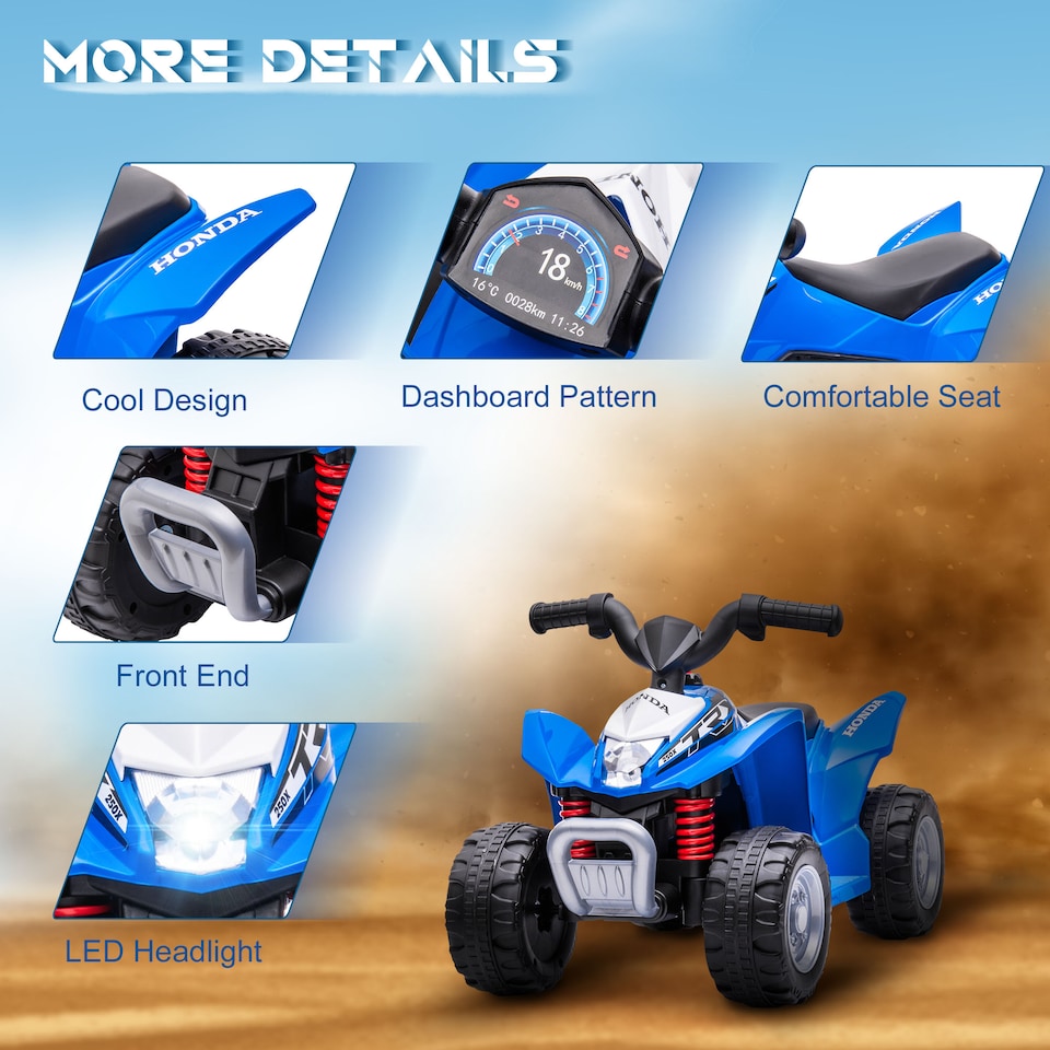 image 1 of AIYAPLAY Electric Car for Kids, Honda Licensed Kids Electric Quad Bike, 6V Ride on Car ATV Toy with LED Light, Horn, for 1.5-3 Years, Blue