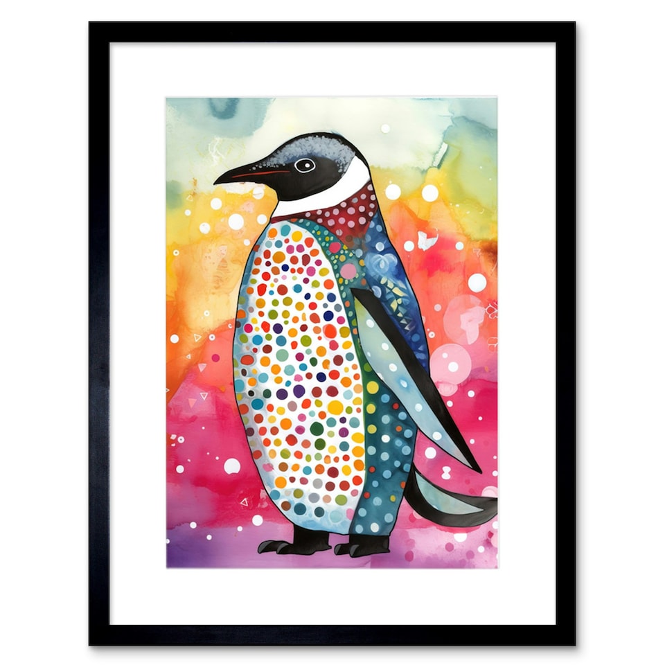 image 1 of Cute Colourful Spotted Penguin Animal Folk Art 9x7" Black Framed Wall Art Print