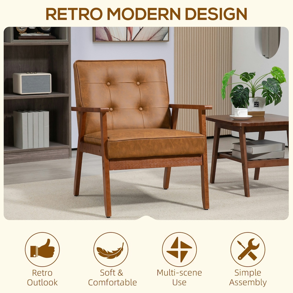 image 1 of HOMCOM Accent Chair PU Leather Armchair with Armrests for Living Room Brown