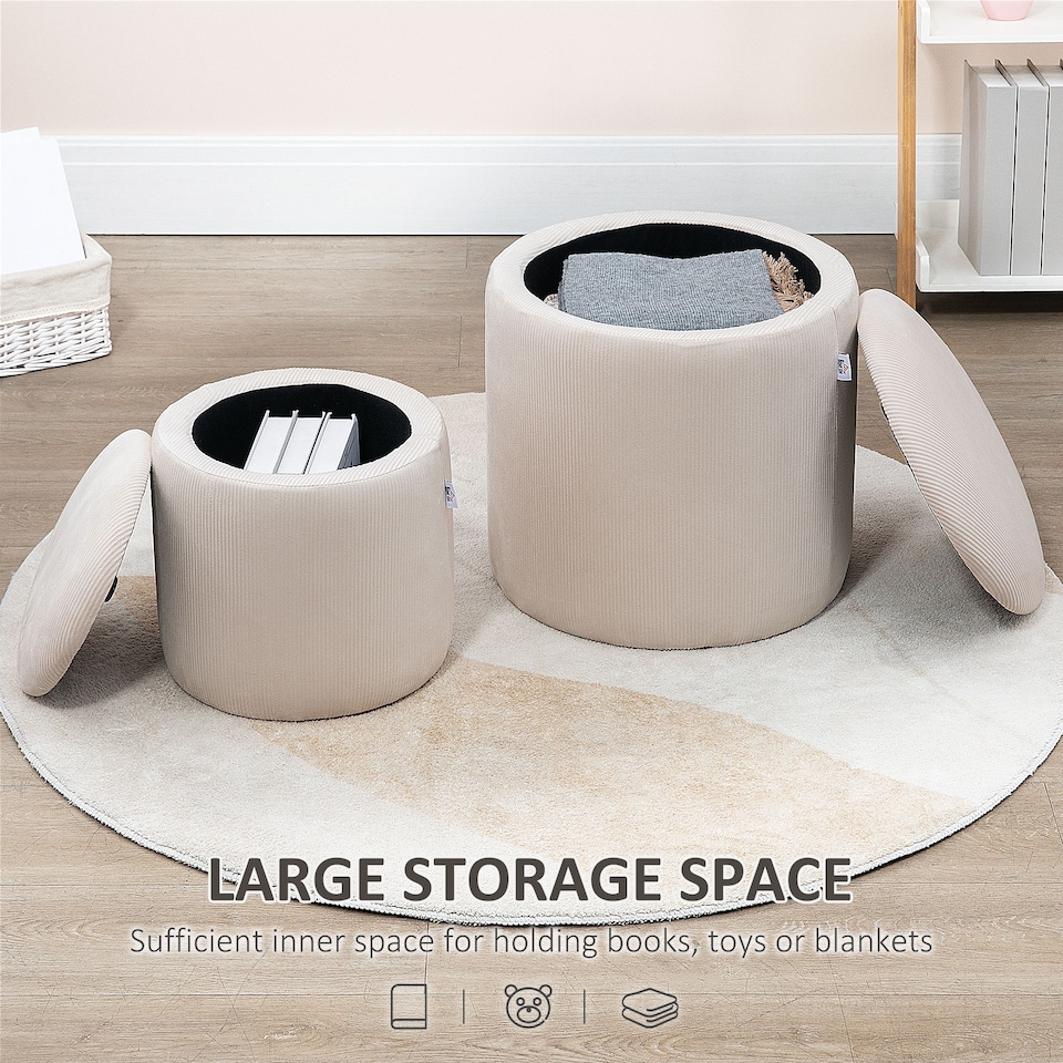 image 1 of HOMCOM Set of 2 Round Ottoman with Storage, Fabric Vanity Stool for Makeup, Footrest Stool with Removable Lid for Living Room & Bedroom, Cream White