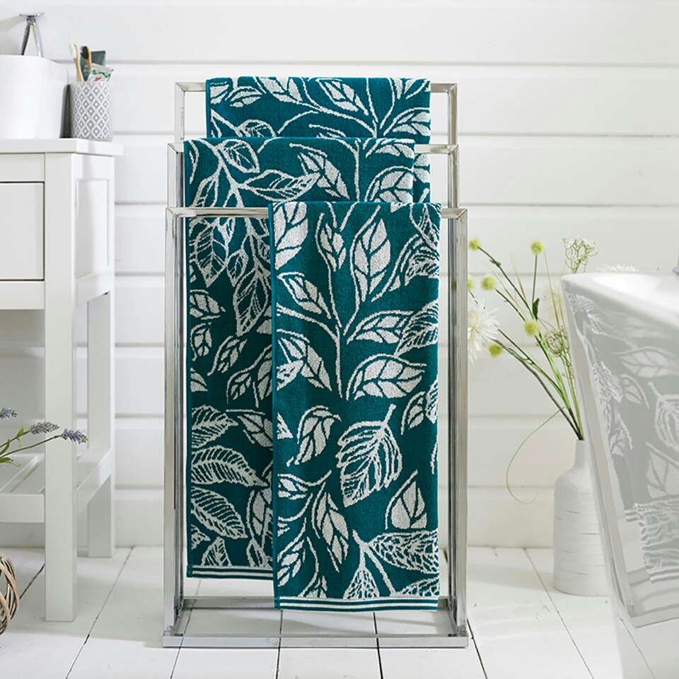 image 1 of Mixed Leaves 100% Cotton 550gsm Supersoft Towels Blue | Teal | Bath towel