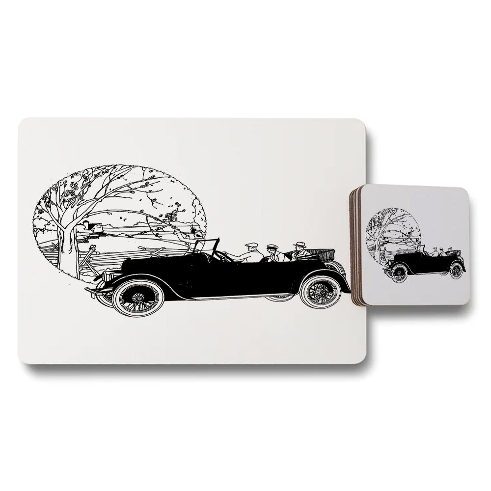 Vintage Automobile Illustration Placemat And Coaster Set With Wood Base Limited Edition